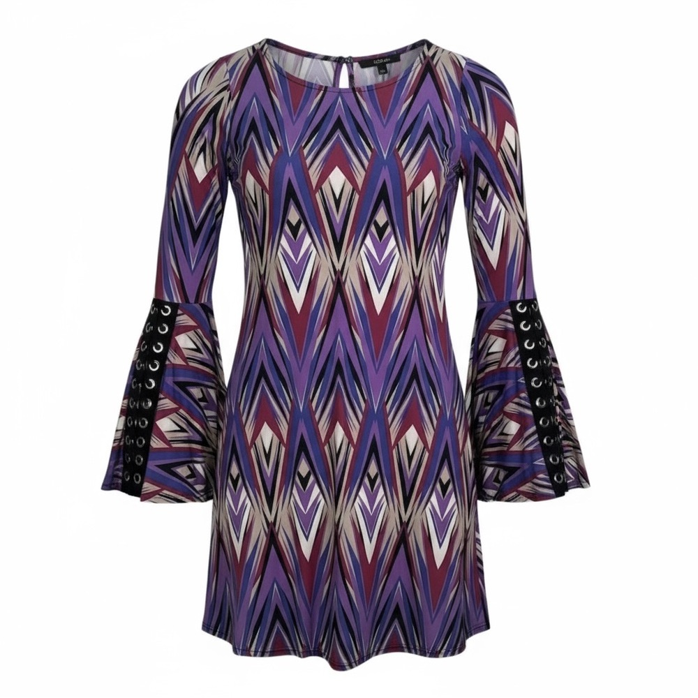 ARIELLA Retro Lace Up Bell Sleeve Purple Geometric Bohemian 1970s Midi‎ Dress S